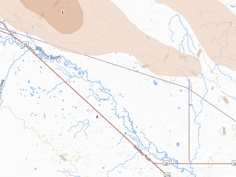 Radar-estimated hail-size map of the storm over Inman, NE on Aug 23, 2026