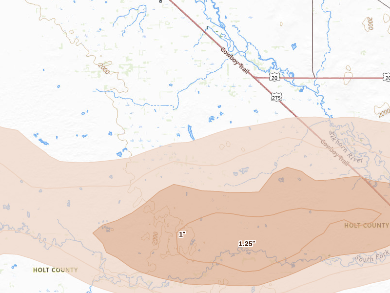 Radar-estimated hail-size map of the storm over Inman, NE on Sep 1, 2026