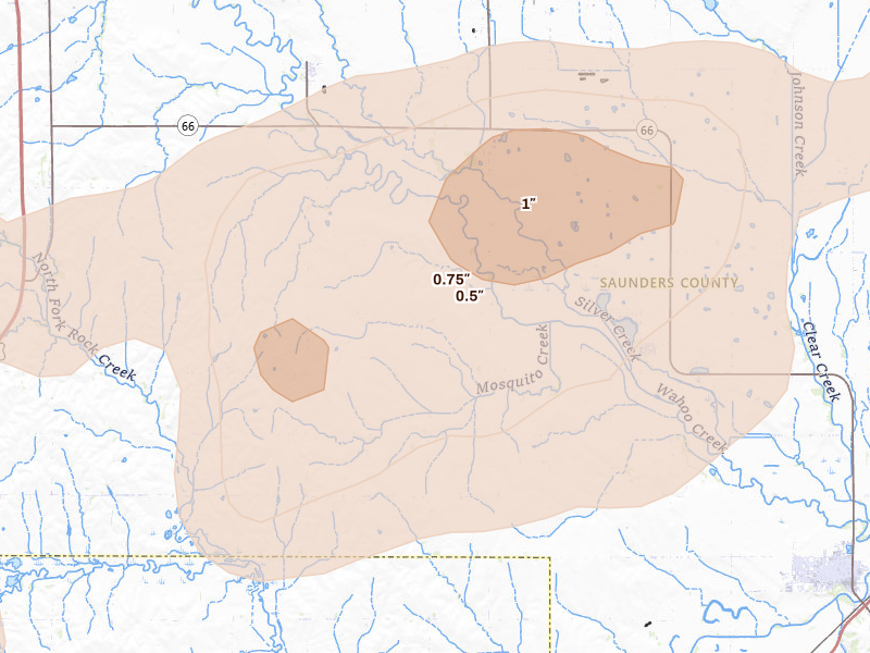 Radar-estimated hail-size map of the storm over Ithaca, NE on May 16, 2026