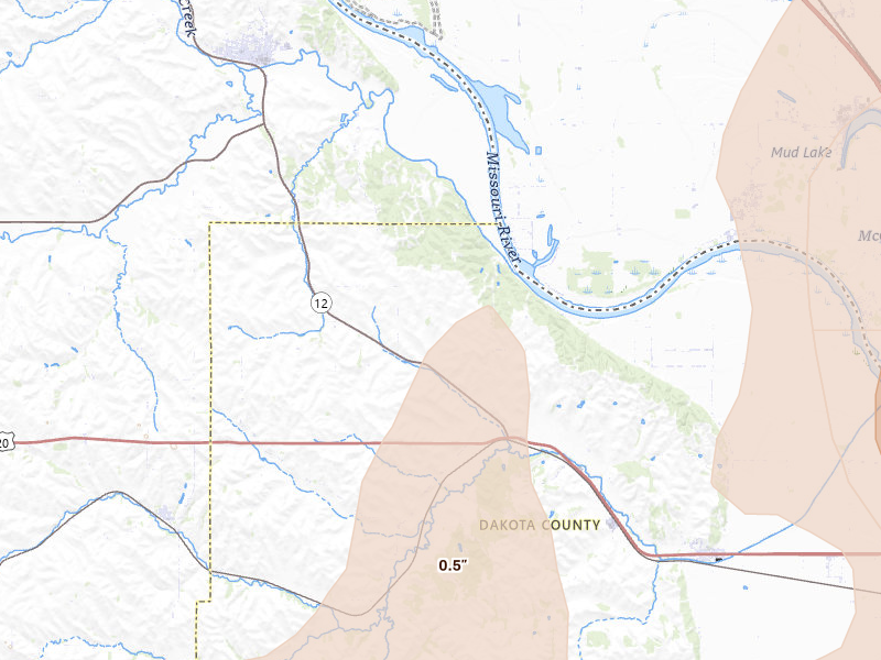 Radar-estimated hail-size map of the storm over Jackson, NE on May 17, 2026