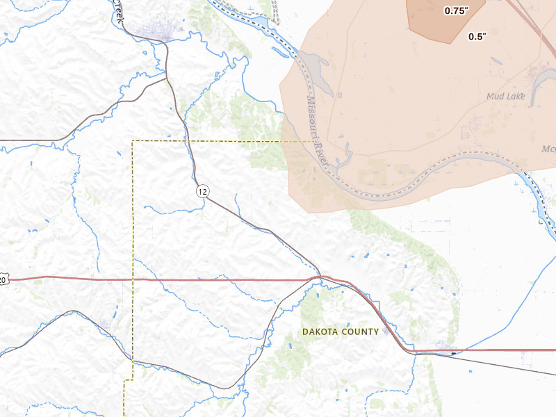 Radar-estimated hail-size map of the storm over Jackson, NE on May 25, 2026