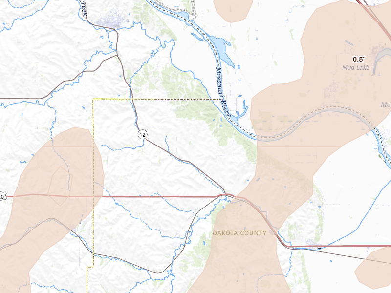 Radar-estimated hail-size map of the storm over Jackson, NE on Jul 2, 2026