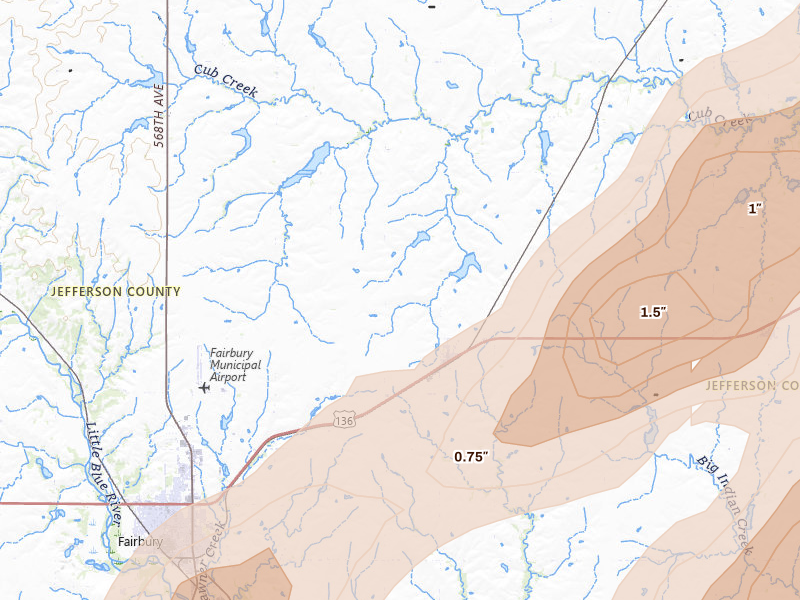 Radar-estimated hail-size map of the storm over Jansen, NE on Apr 23, 2026