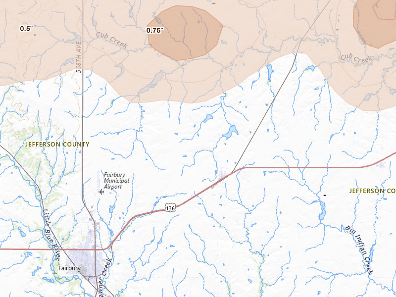 Radar-estimated hail-size map of the storm over Jansen, NE on Apr 25, 2026
