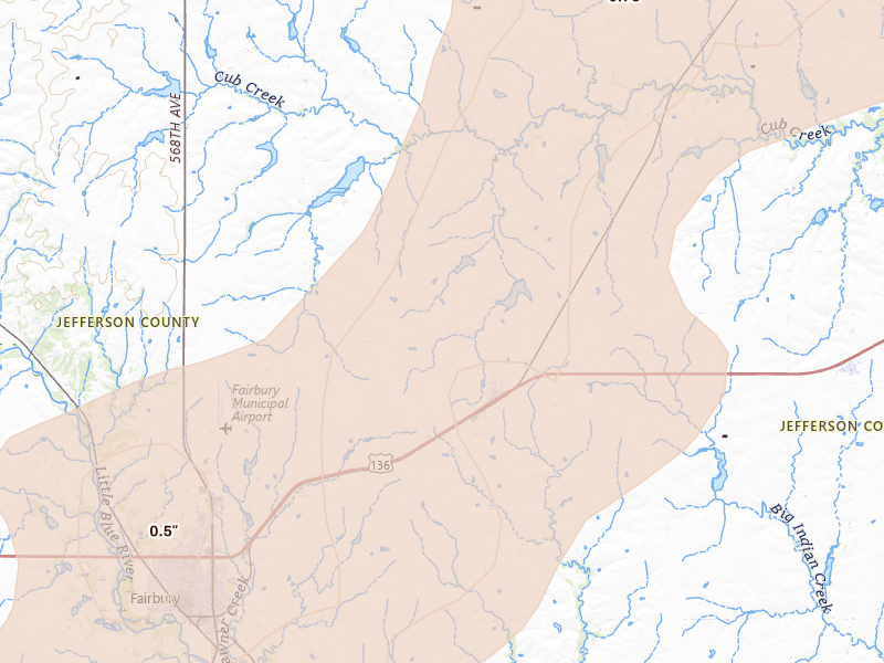 Radar-estimated hail-size map of the storm over Jansen, NE on May 16, 2026