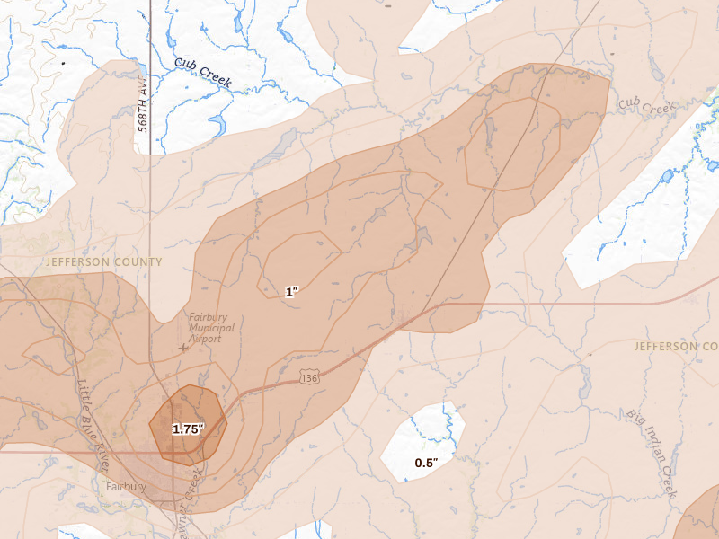 Radar-estimated hail-size map of the storm over Jansen, NE on May 18, 2026
