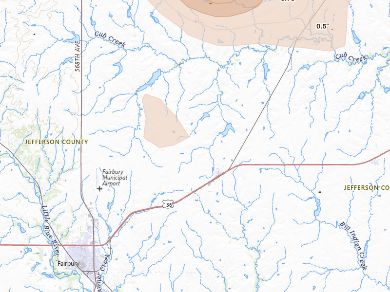 Radar-estimated hail-size map of the storm over Jansen, NE on Jun 5, 2026