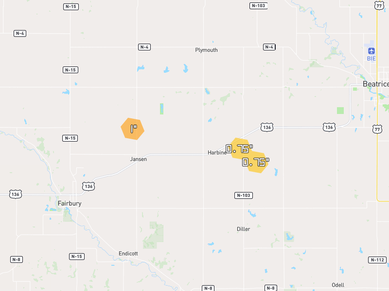 Hail map of Jansen, NE on Jun 6, 2026, hail up to 1"