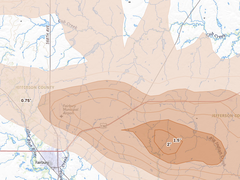 Radar-estimated hail-size map of the storm over Jansen, NE on Jun 20, 2026