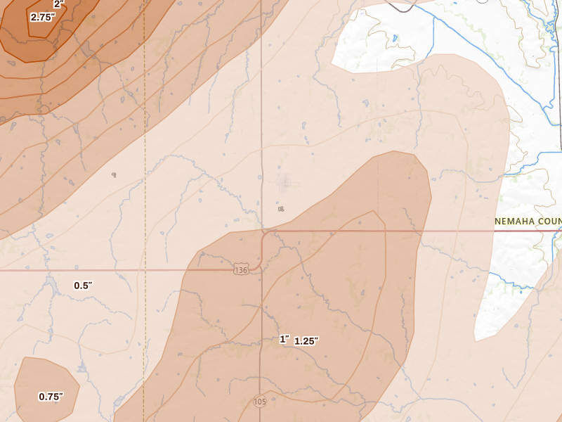 Radar-estimated hail-size map of the storm over Johnson, NE on Apr 23, 2026