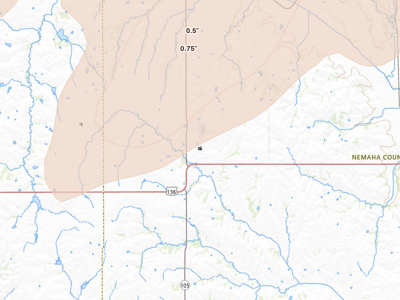 Radar-estimated hail-size map of the storm over Johnson, NE on May 16, 2026