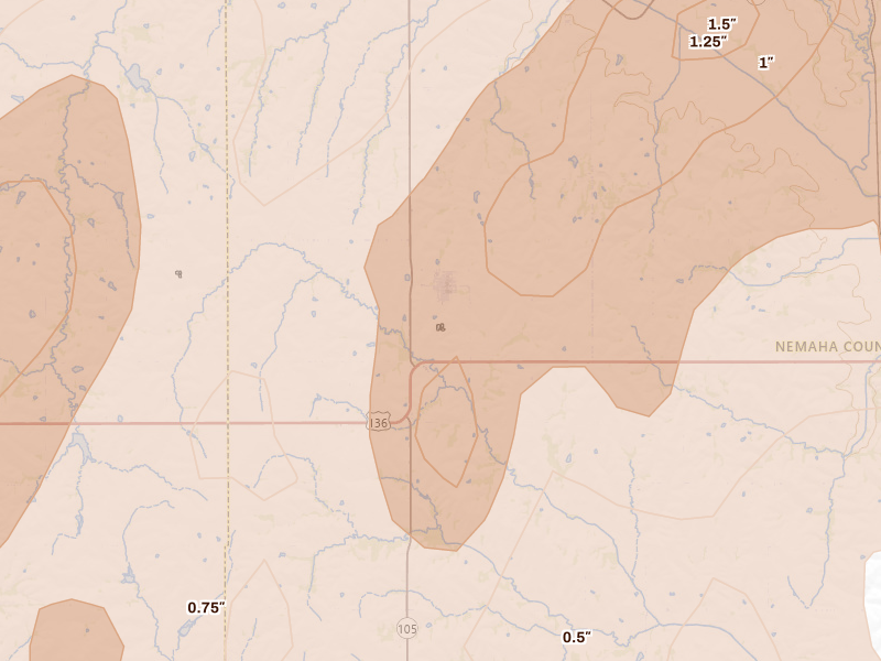 Radar-estimated hail-size map of the storm over Johnson, NE on May 18, 2026