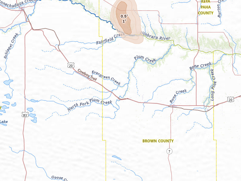 Radar-estimated hail-size map of the storm over Johnstown, NE on Jul 6, 2026