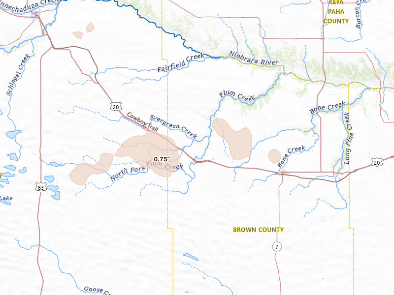 Radar-estimated hail-size map of the storm over Johnstown, NE on Jul 29, 2026