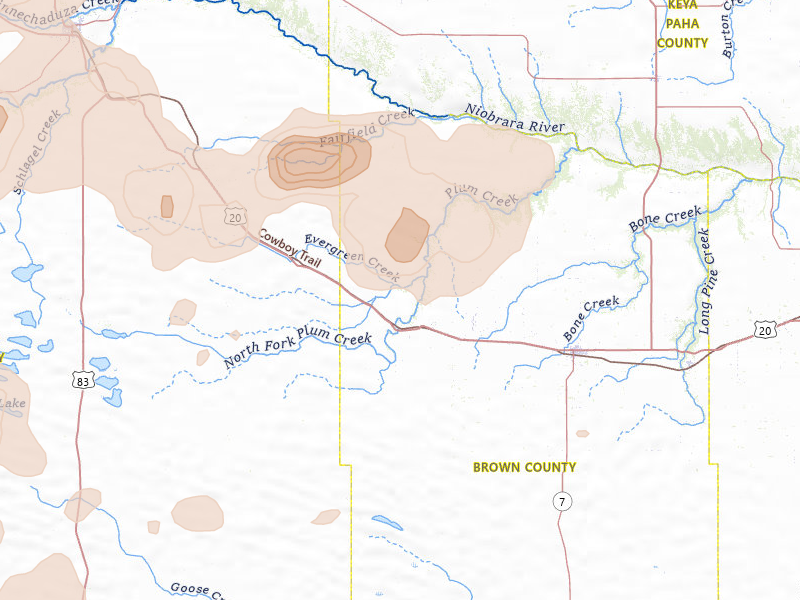 Radar-estimated hail-size map of the storm over Johnstown, NE on Jul 30, 2026
