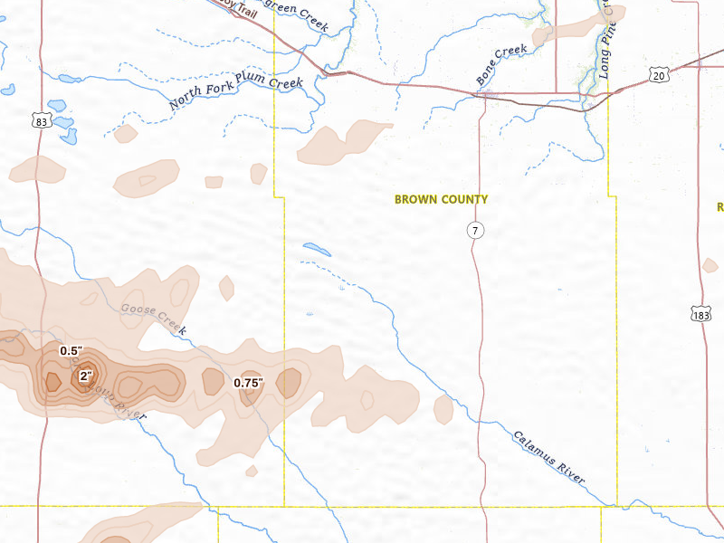 Radar-estimated hail-size map of the storm over Johnstown, NE on Aug 3, 2026