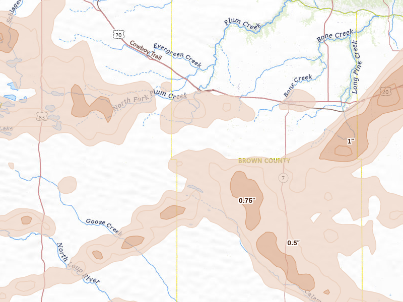 Radar-estimated hail-size map of the storm over Johnstown, NE on Aug 17, 2026