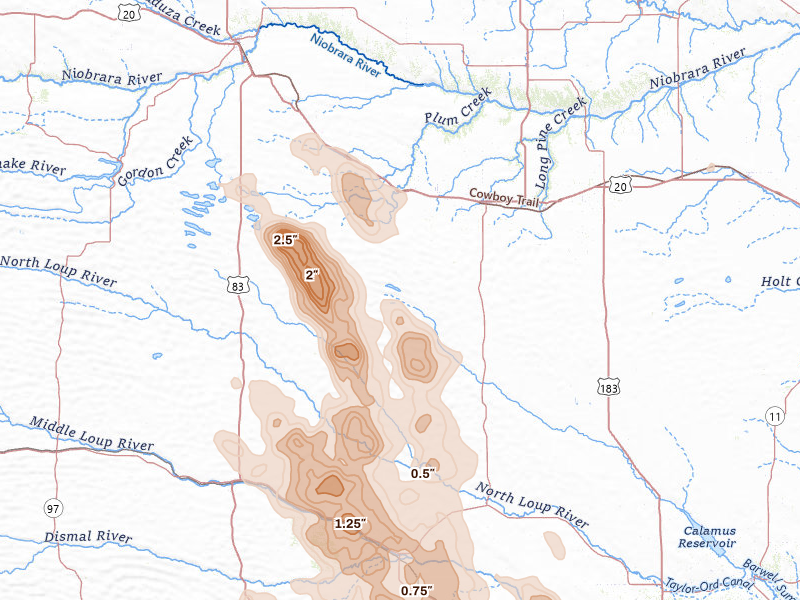 Radar-estimated hail-size map of the storm over Johnstown, NE on Aug 20, 2026