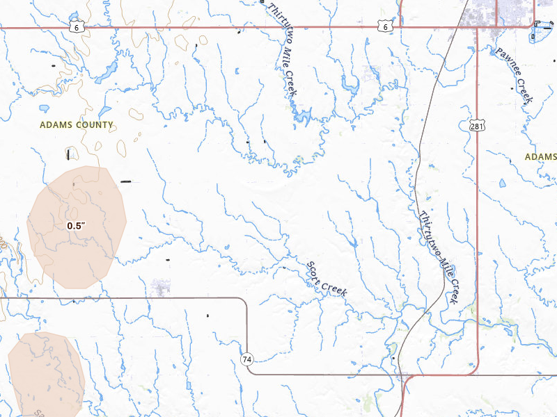 Radar-estimated hail-size map of the storm over Juniata, NE on May 30, 2026