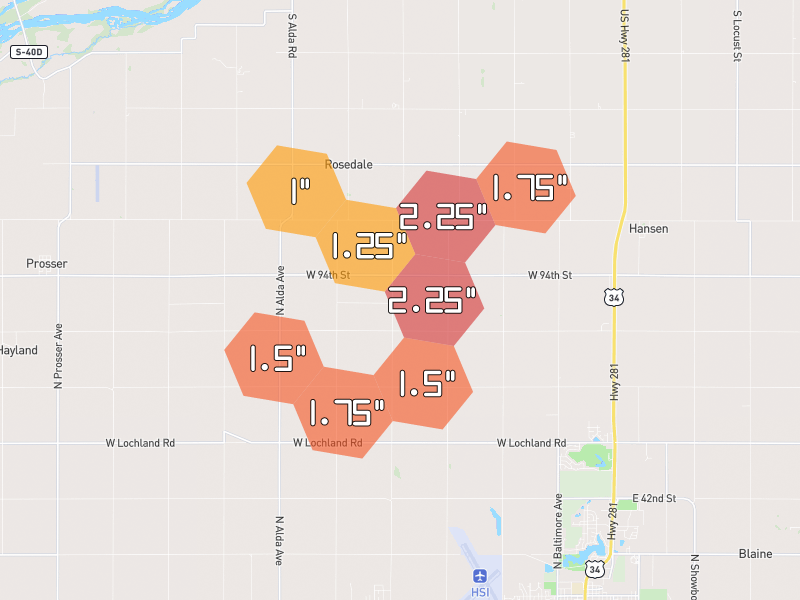 Hail map of Juniata, NE on Jun 6, 2026, hail up to 2.25"