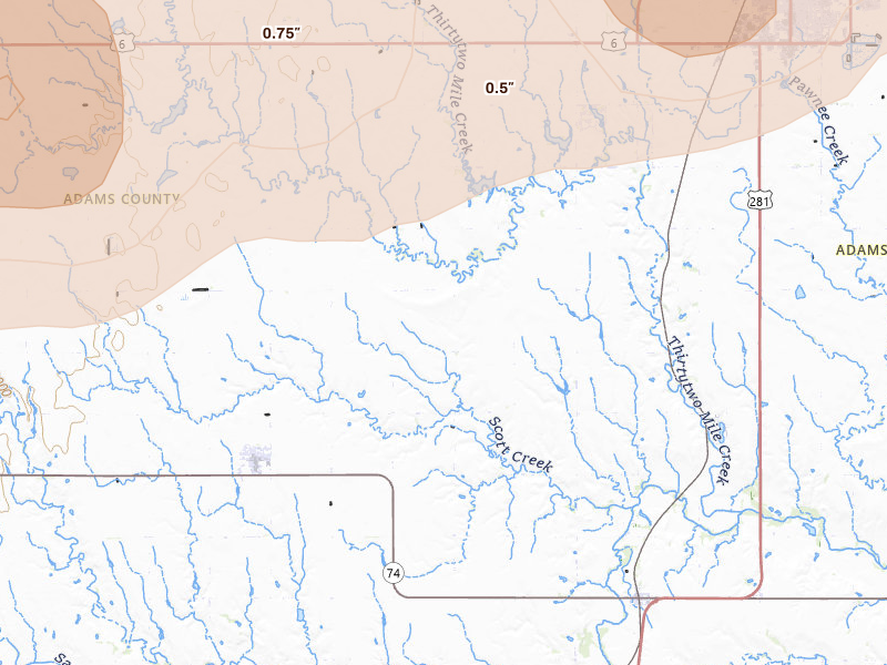 Radar-estimated hail-size map of the storm over Juniata, NE on Jun 10, 2026