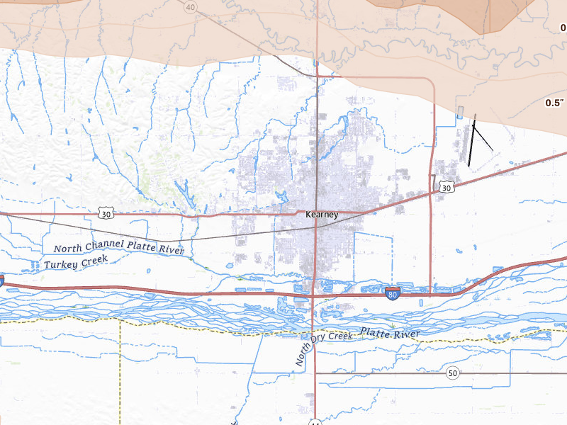Radar-estimated hail-size map of the storm over Kearney, NE on May 16, 2026