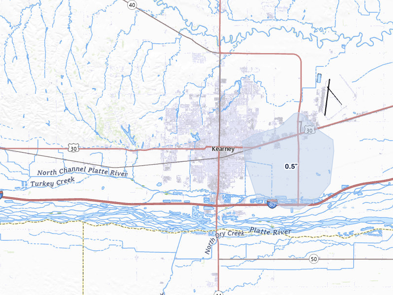 NEXRAD radar-signature map of the hail storm over Kearney, NE on May 17, 2026