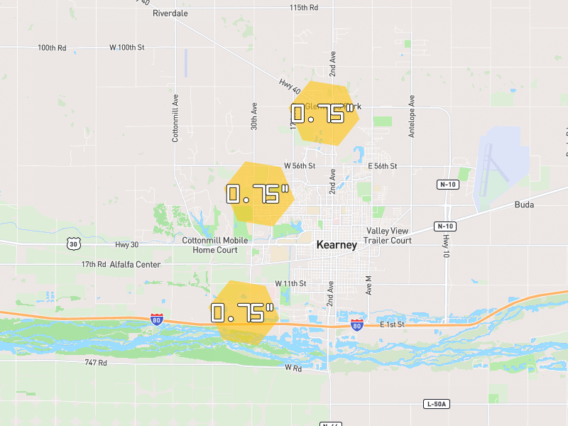 Hail map of Kearney, NE on Jun 30, 2026, hail up to 0.75"