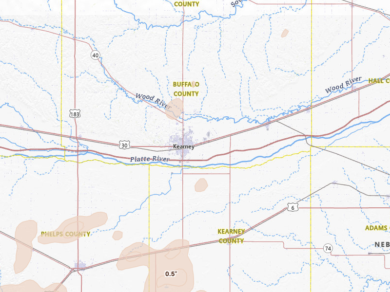 Radar-estimated hail-size map of the storm over Kearney, NE on Aug 13, 2026