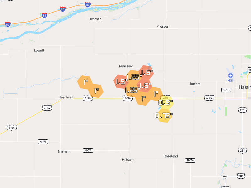 Hail map of Kenesaw, NE on Jun 3, 2026, hail up to 1.5"