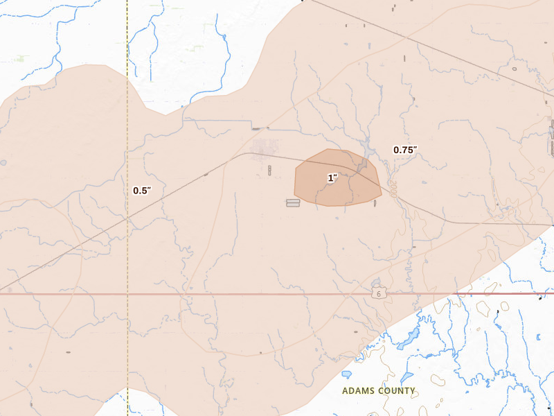 Radar-estimated hail-size map of the storm over Kenesaw, NE on Jun 9, 2026