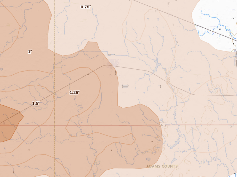 Radar-estimated hail-size map of the storm over Kenesaw, NE on Jun 10, 2026