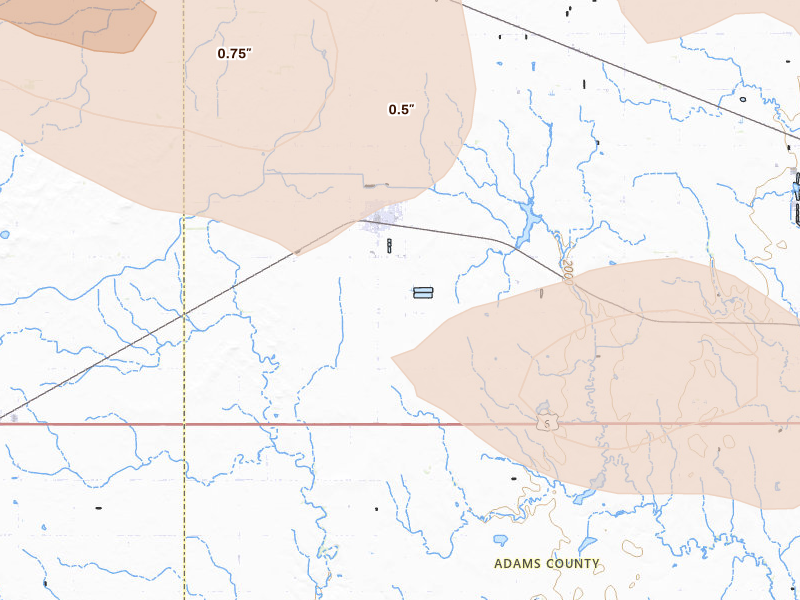 Radar-estimated hail-size map of the storm over Kenesaw, NE on Jun 20, 2026