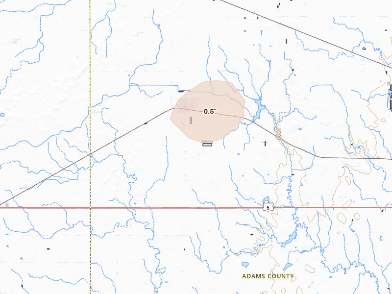 Radar-estimated hail-size map of the storm over Kenesaw, NE on Jul 30, 2026