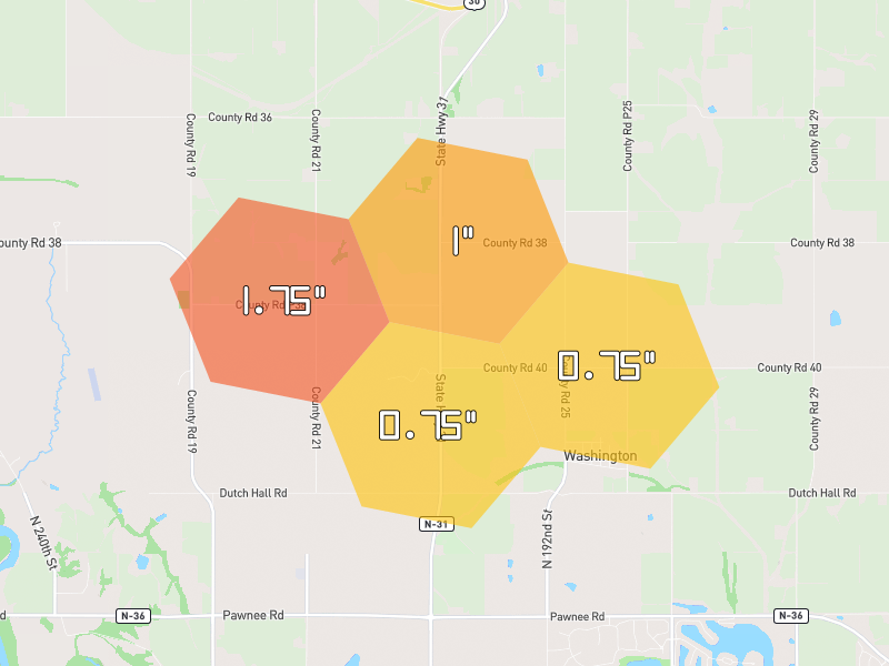 Hail map of Kennard, NE on Jul 3, 2026, hail up to 1.75"