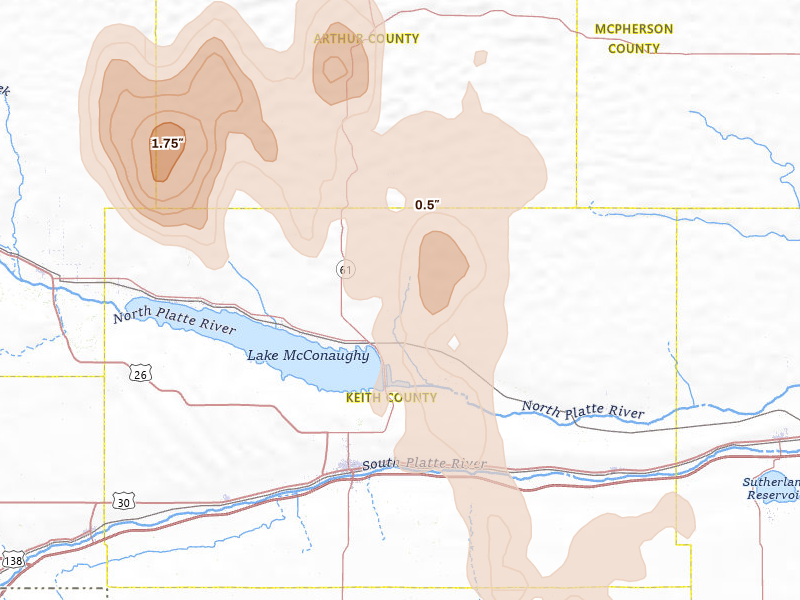Radar-estimated hail-size map of the storm over Keystone, NE on May 30, 2026