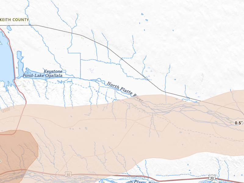 Radar-estimated hail-size map of the storm over Keystone, NE on Aug 17, 2026