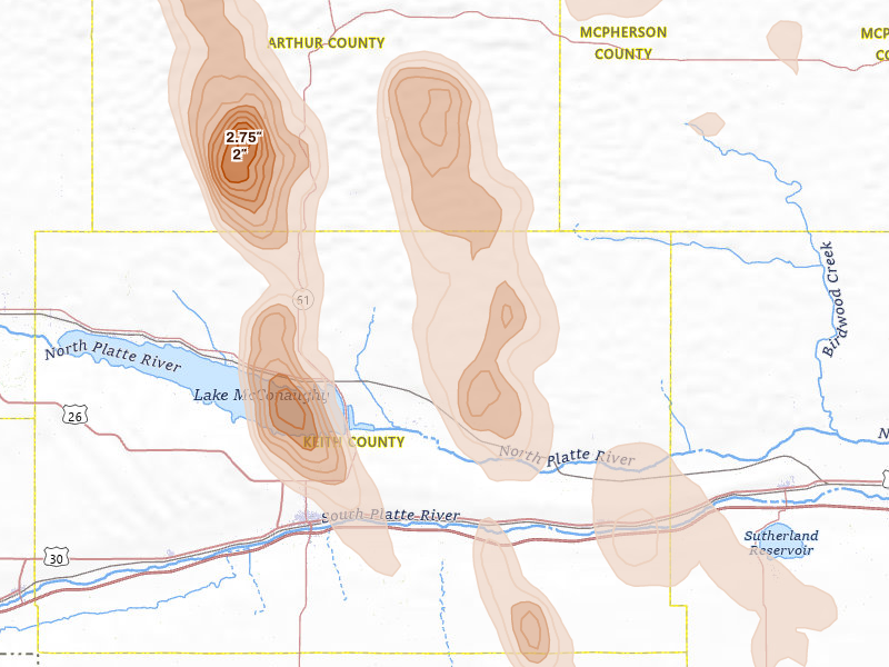 Radar-estimated hail-size map of the storm over Keystone, NE on Aug 27, 2026