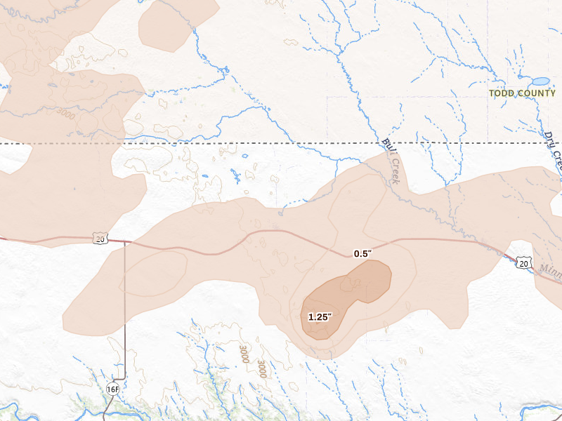 Radar-estimated hail-size map of the storm over Kilgore, NE on Jun 4, 2026