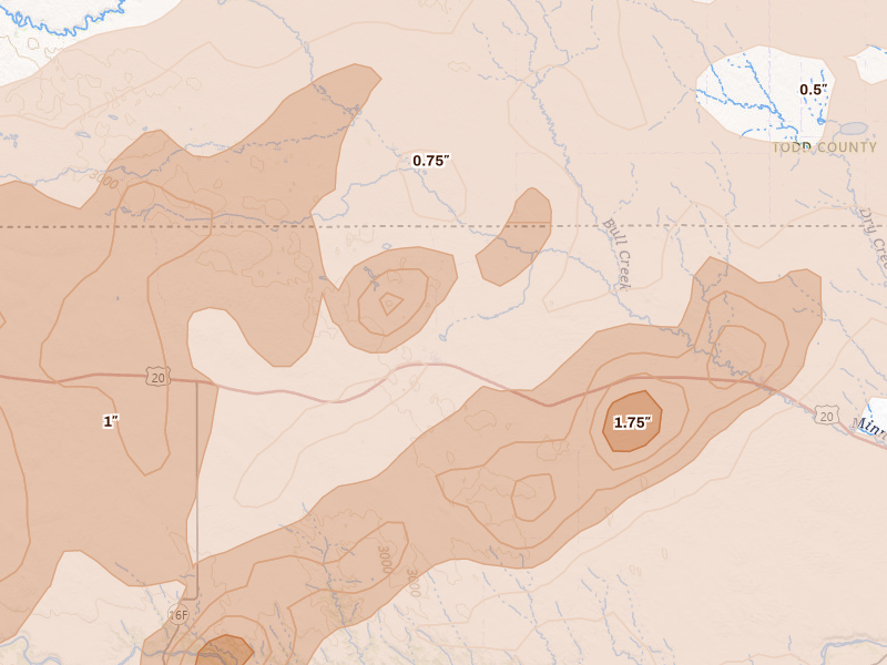 Radar-estimated hail-size map of the storm over Kilgore, NE on Jun 27, 2026