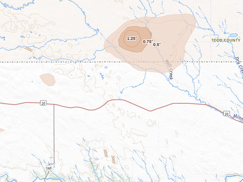 Radar-estimated hail-size map of the storm over Kilgore, NE on Jul 6, 2026
