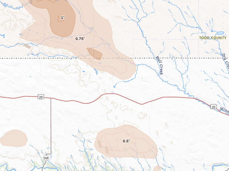 Radar-estimated hail-size map of the storm over Kilgore, NE on Jul 9, 2026
