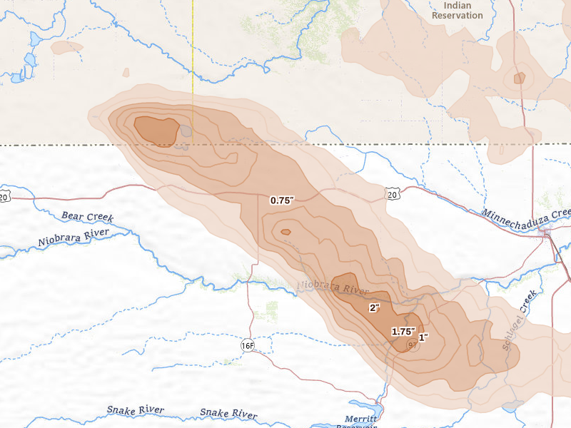 Radar-estimated hail-size map of the storm over Kilgore, NE on Aug 11, 2026