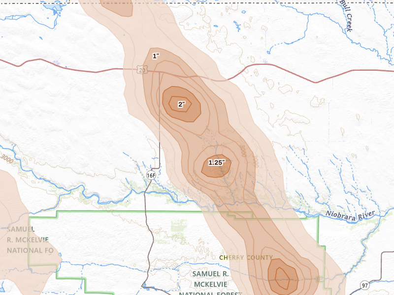 Radar-estimated hail-size map of the storm over Kilgore, NE on Aug 16, 2026