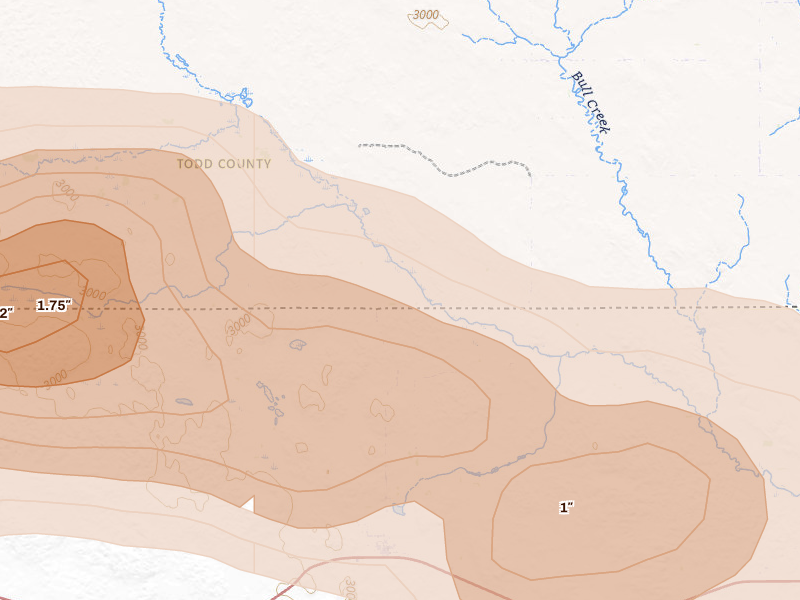 Radar-estimated hail-size map of the storm over Kilgore, NE on Aug 17, 2026
