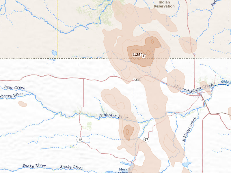 Radar-estimated hail-size map of the storm over Kilgore, NE on Aug 21, 2026