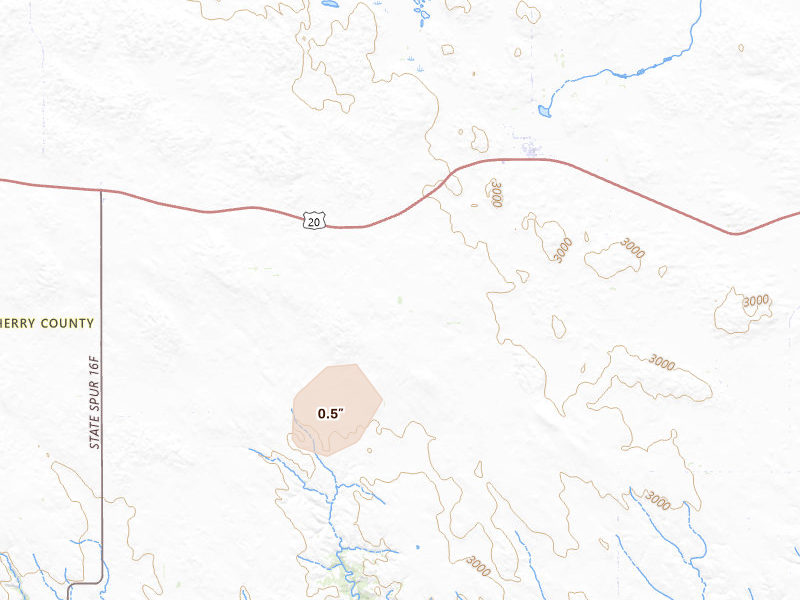 Radar-estimated hail-size map of the storm over Kilgore, NE on Aug 22, 2026