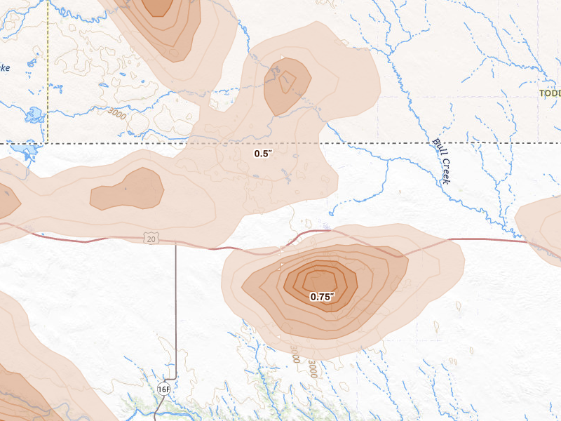 Radar-estimated hail-size map of the storm over Kilgore, NE on Aug 27, 2026