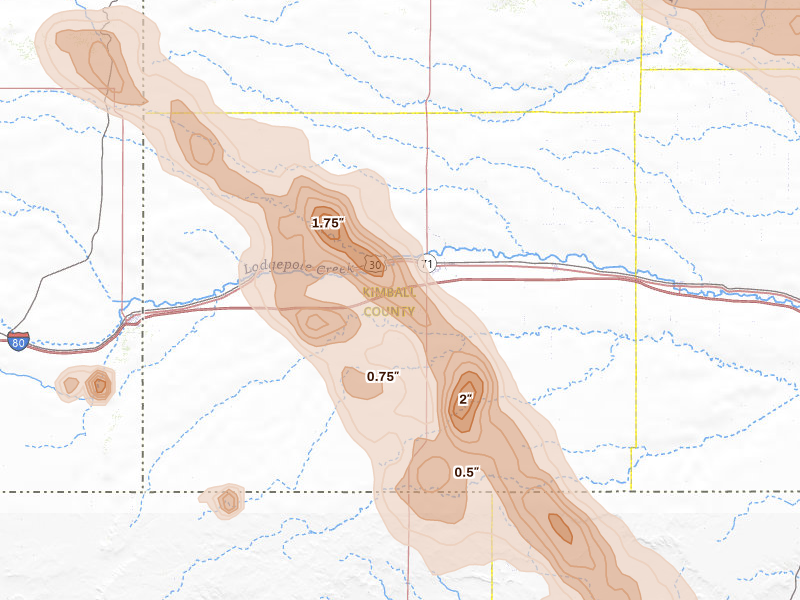 Radar-estimated hail-size map of the storm over Kimball, NE on Jun 22, 2026