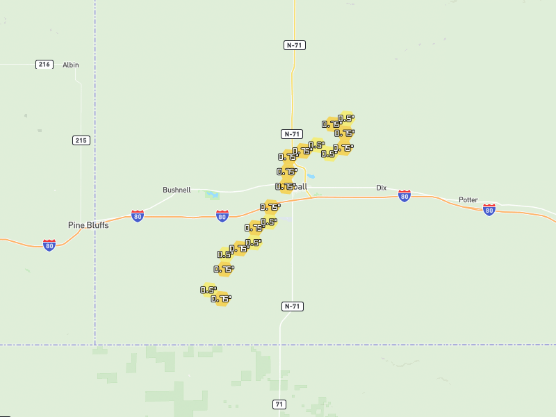Hail map of Kimball, NE on Jul 2, 2026, hail up to 0.75"
